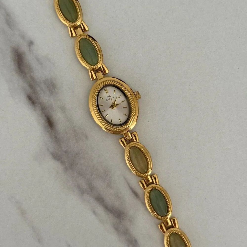 Sku0283 Retro‎ Gold Green Gemstones Women Fashion Watch Bracelet + gift bag